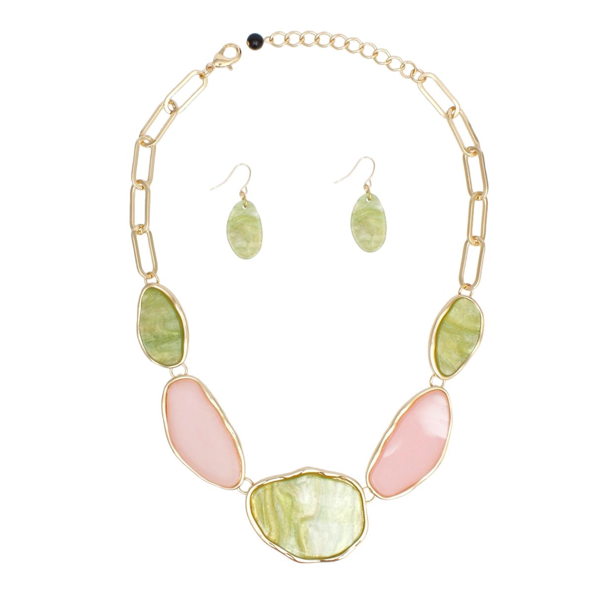 Resin Statement Necklace Set Marbled Pink Green Agate Look with Earrings