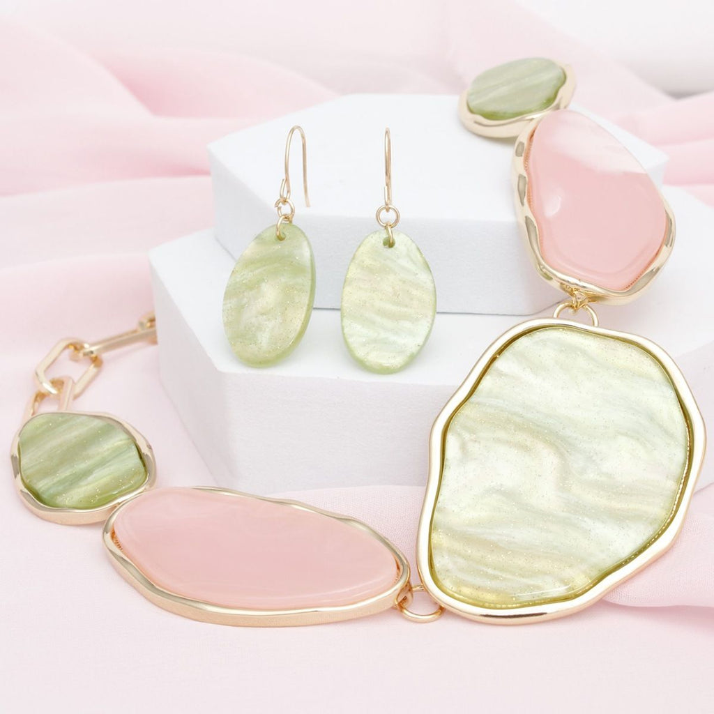 Resin Statement Necklace Set Marbled Pink Green Agate Look with Earrings