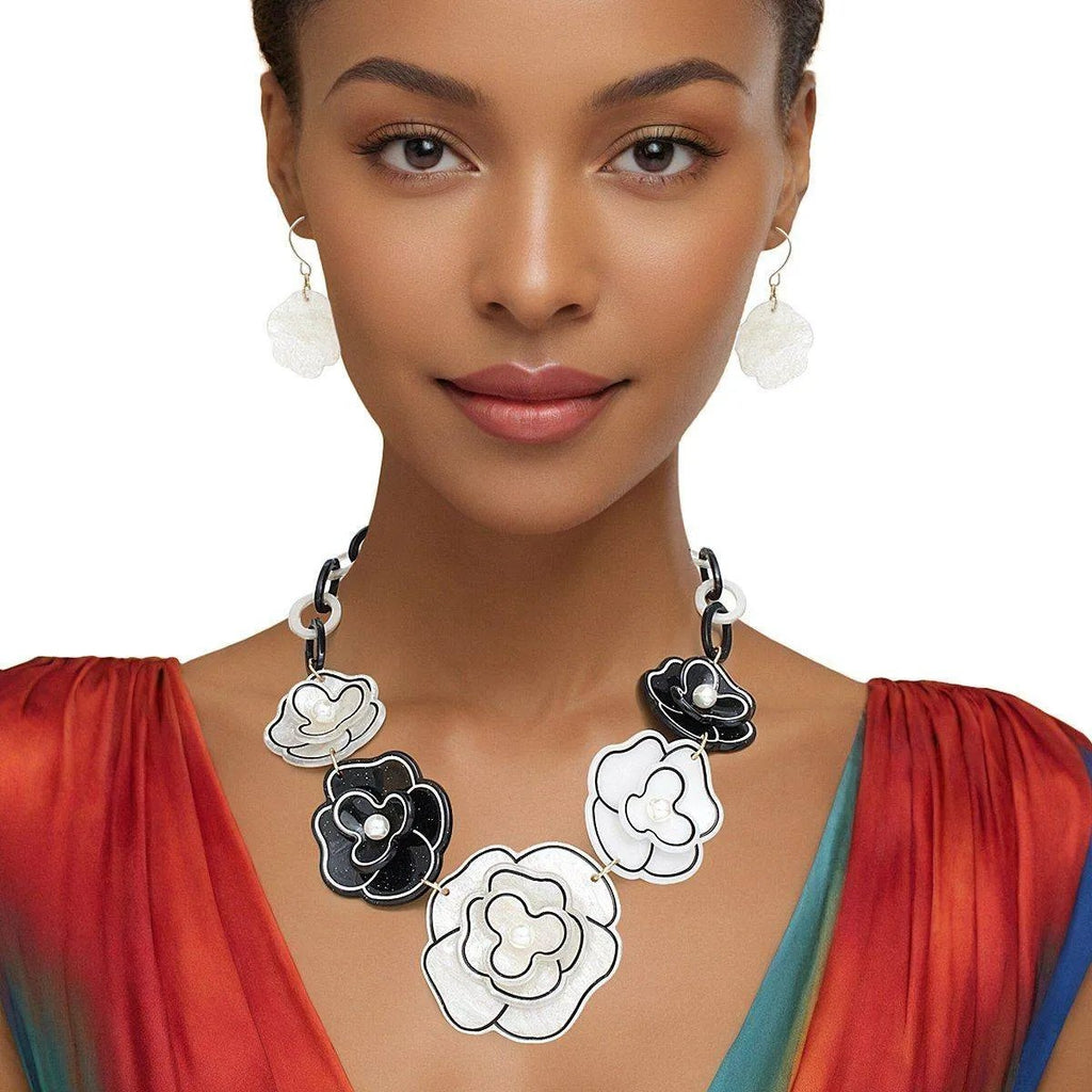Collar Flower Necklace Set – 3D Marbled Black & White Acrylic with Matching Earrings