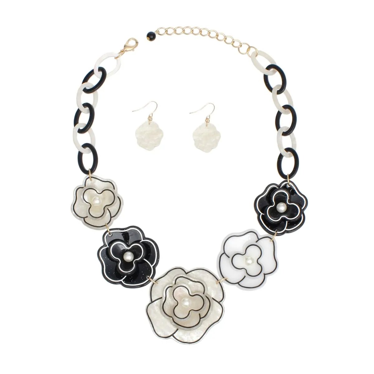Collar Flower Necklace Set – 3D Marbled Black & White Acrylic with Matching Earrings