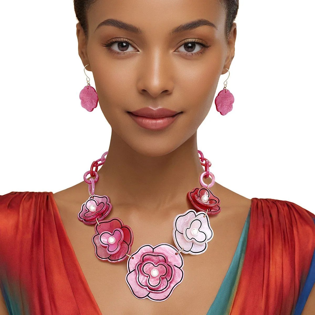 Floral Acrylic Collar Necklace Set Pink Fuchsia Dimensional Flowers | Fashion Jewelry