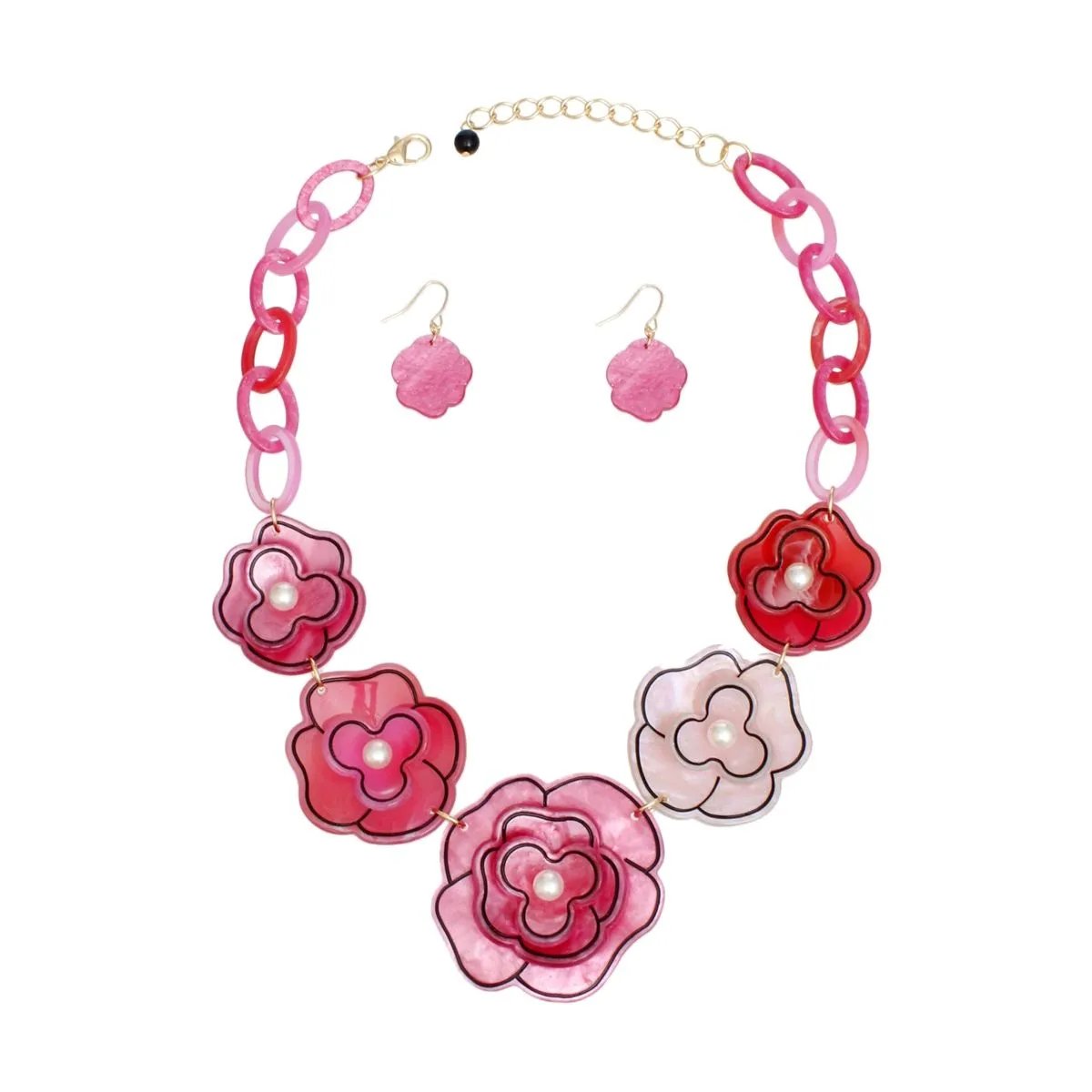 Floral Acrylic Collar Necklace Set Pink Fuchsia Dimensional Flowers | Fashion Jewelry