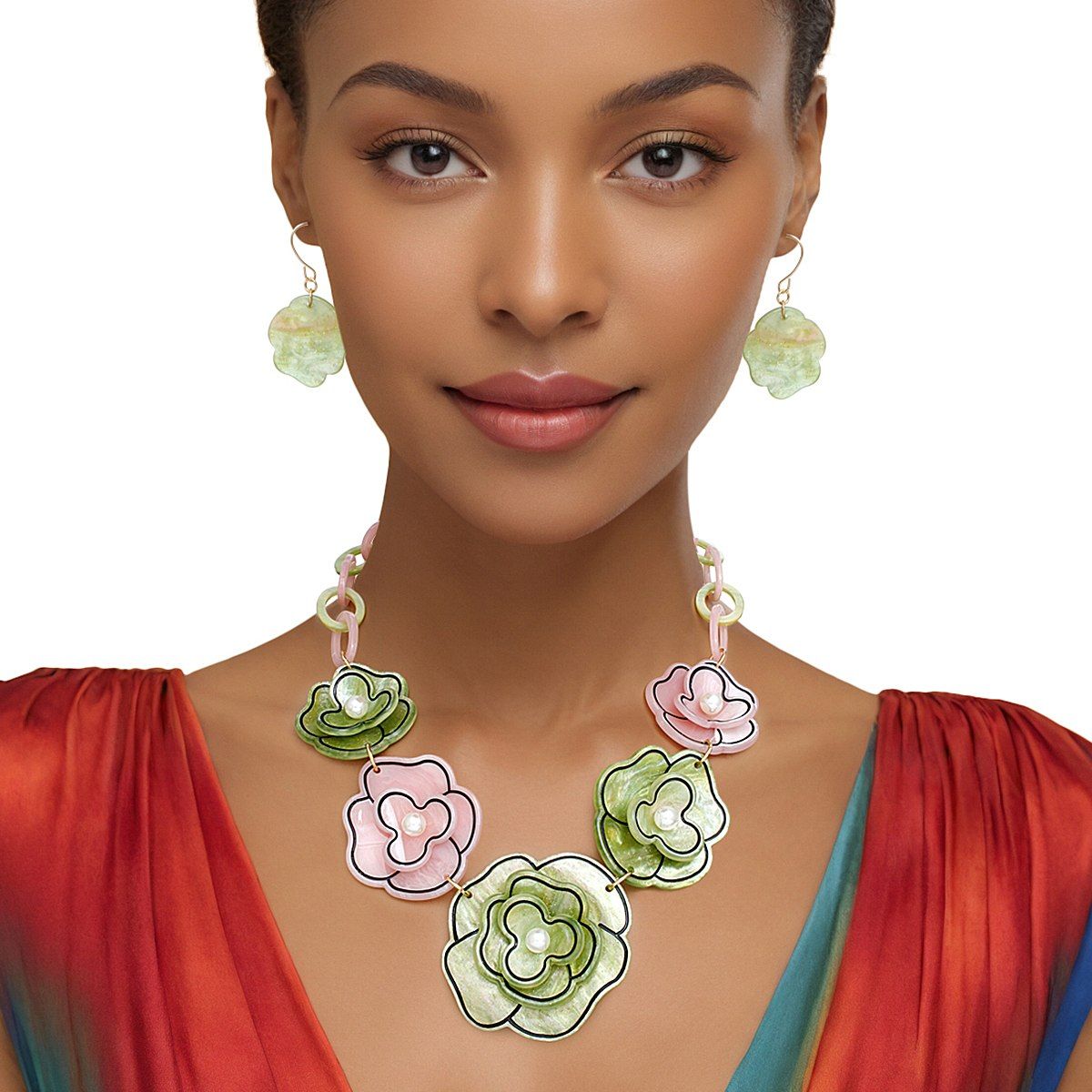 Garden Dreams Dimensional Flower Collar Necklace - Pink & Green Pinktown