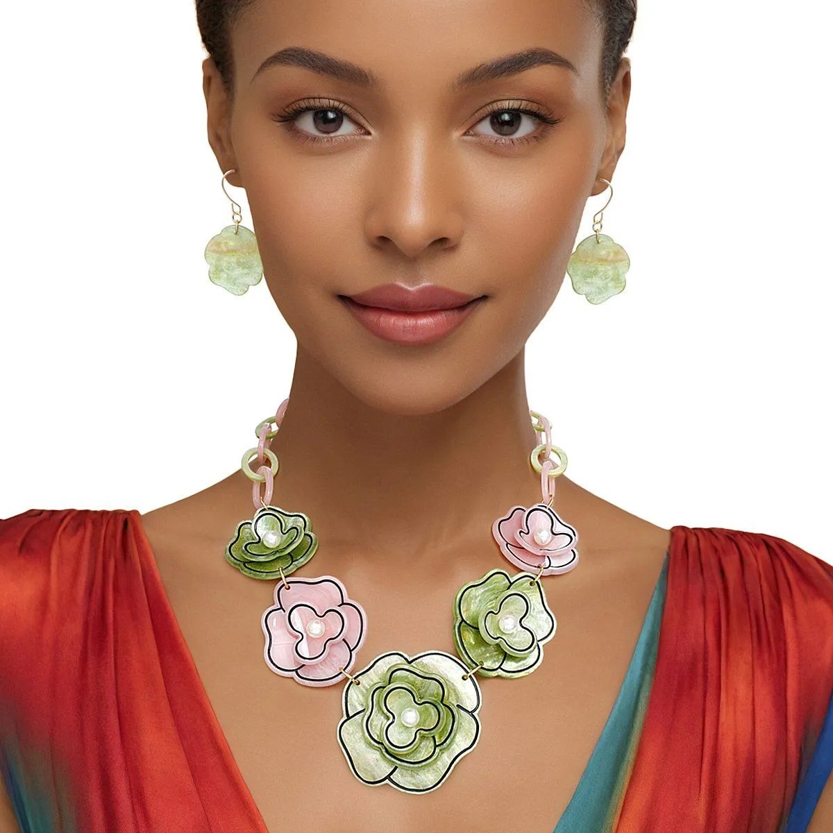Floral Collar Necklace Set Pink Green Acrylic Flowers | Fashion Jewelry