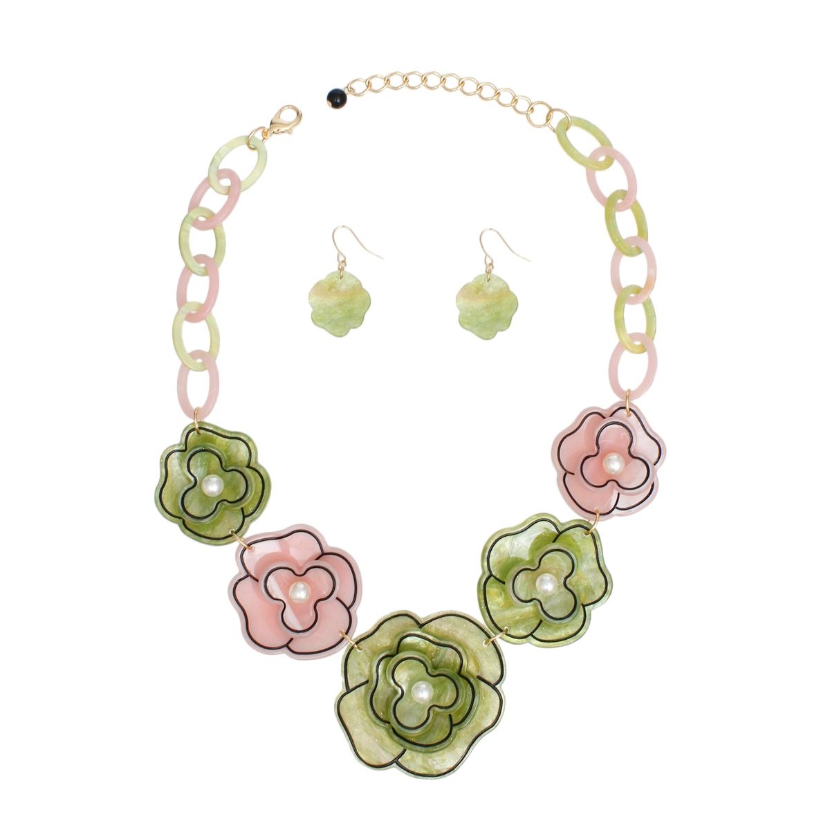 Garden Dreams Dimensional Flower Collar Necklace - Pink & Green Pinktown