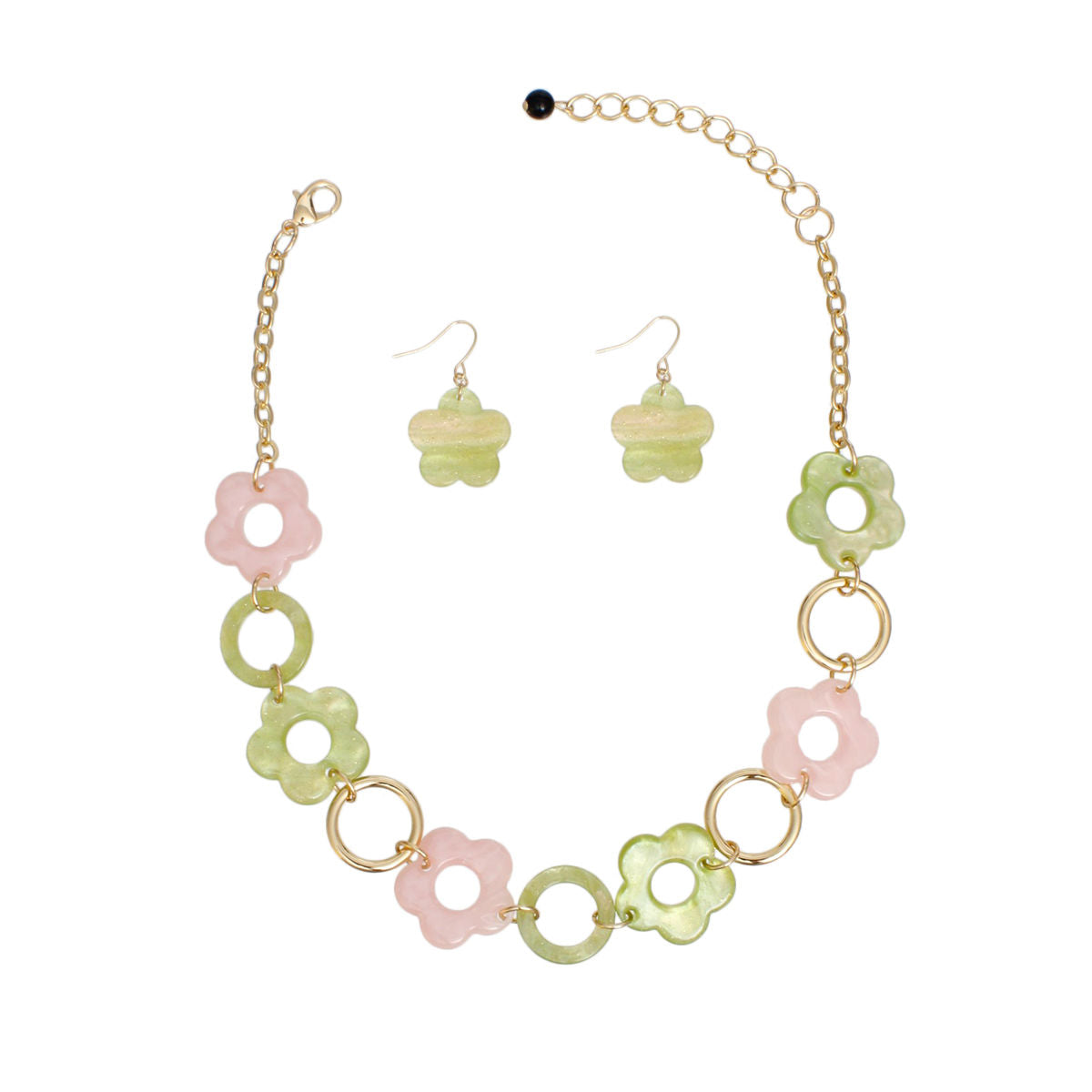 Pink Green Flower Necklace Set Gold Chain Floral Jewelry with Earrings