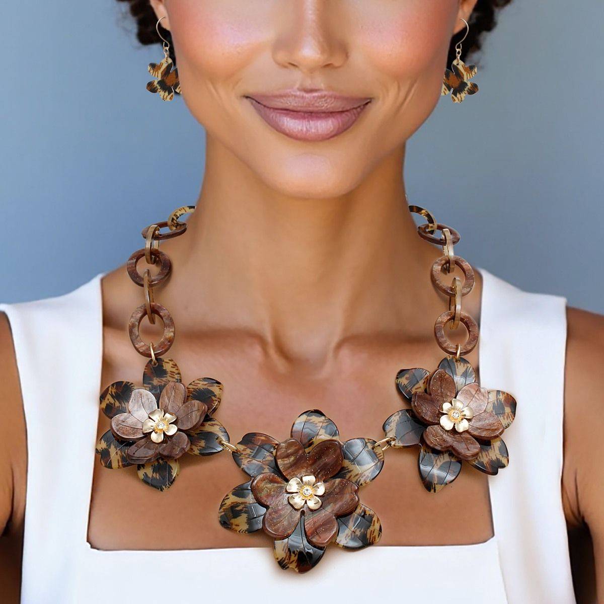 Marbled Leopard Flower Necklace Set – Dimensional Acrylic Flowers & Matching Earrings Pinktown