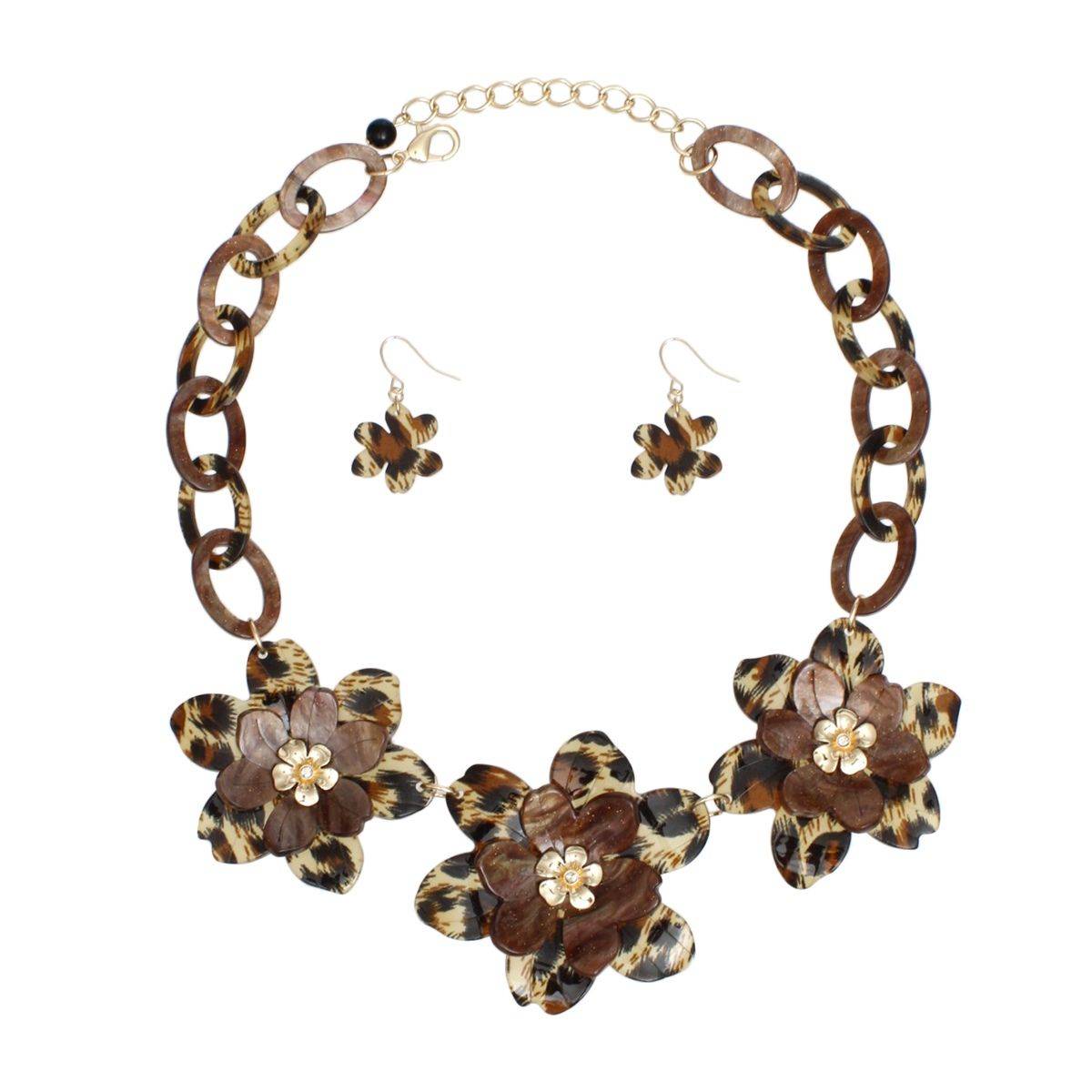 Marbled Leopard Flower Necklace Set – Dimensional Acrylic Flowers & Matching Earrings Pinktown