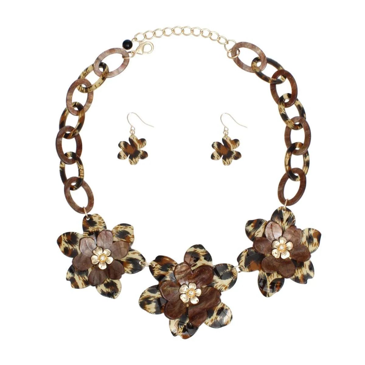 Marbled Leopard Flower Necklace Set – Dimensional Acrylic Flowers & Matching Earrings