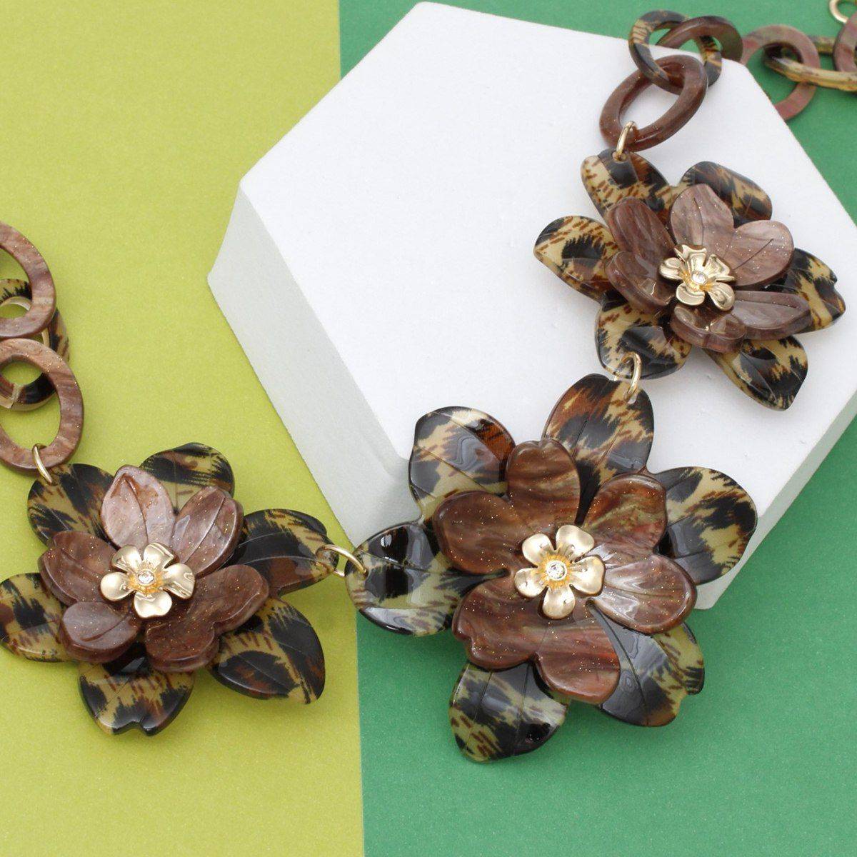 Marbled Leopard Flower Necklace Set – Dimensional Acrylic Flowers & Matching Earrings Pinktown