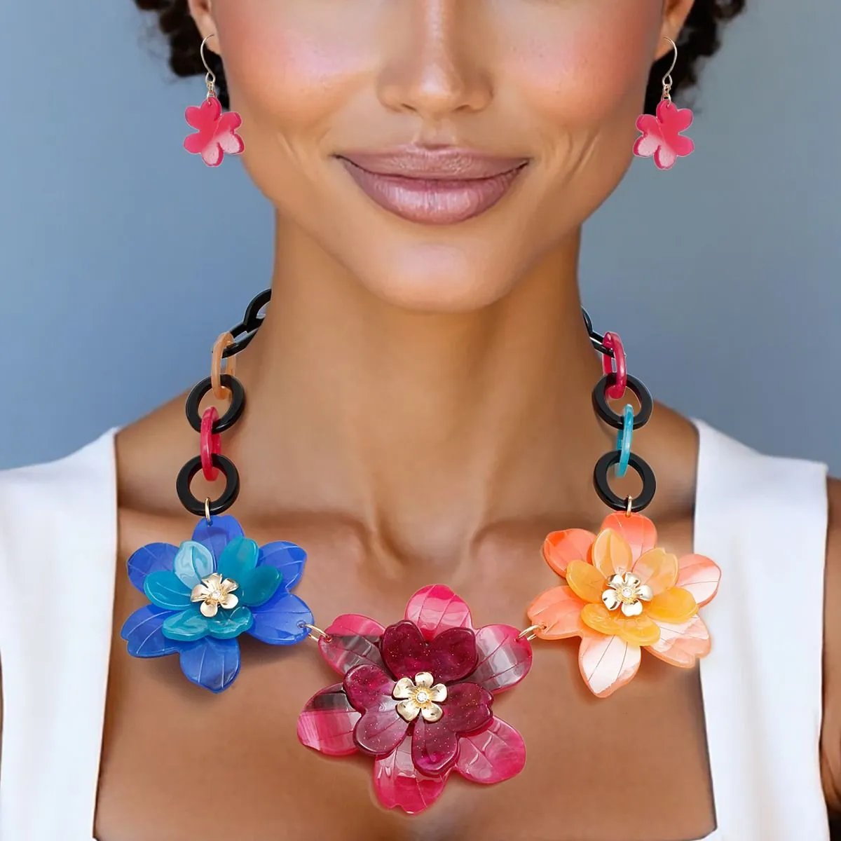 Marbled Flower Acrylic Necklace Set – Multicolor Dimensional Collar with Matching Earrings