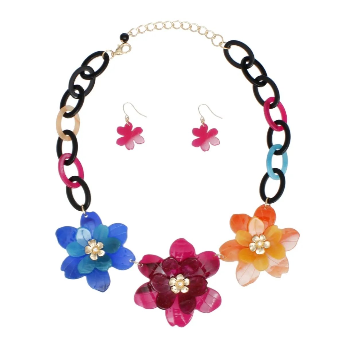 Marbled Flower Acrylic Necklace Set – Multicolor Dimensional Collar with Matching Earrings