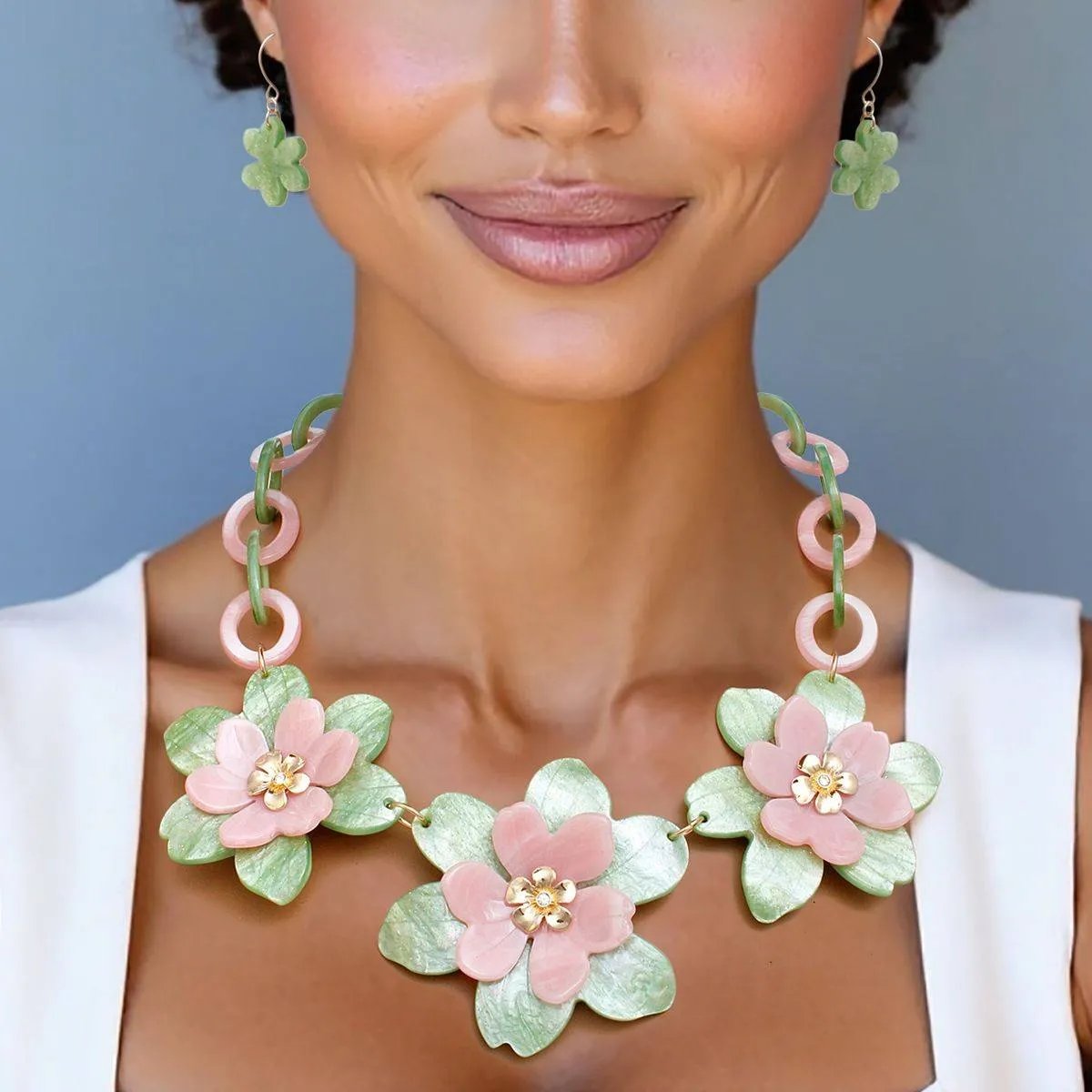 Marbled Pink and Green Acrylic Flower Collar Necklace Set with Matching Drop Earrings