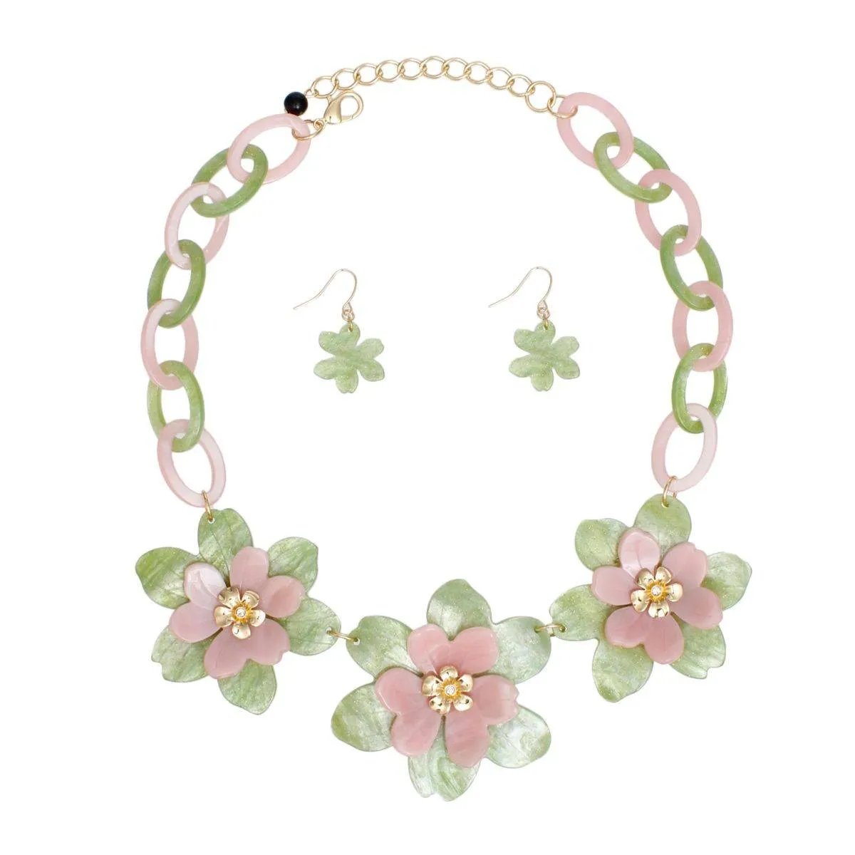 Marbled Pink and Green Acrylic Flower Collar Necklace Set with Matching Drop Earrings