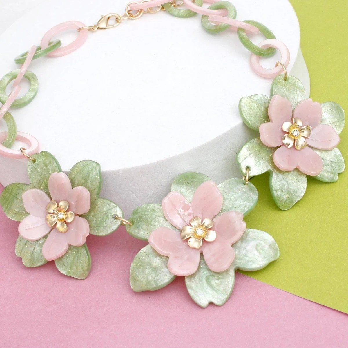 Marbled Pink and Green Acrylic Flower Collar Necklace Set with Matching Drop Earrings