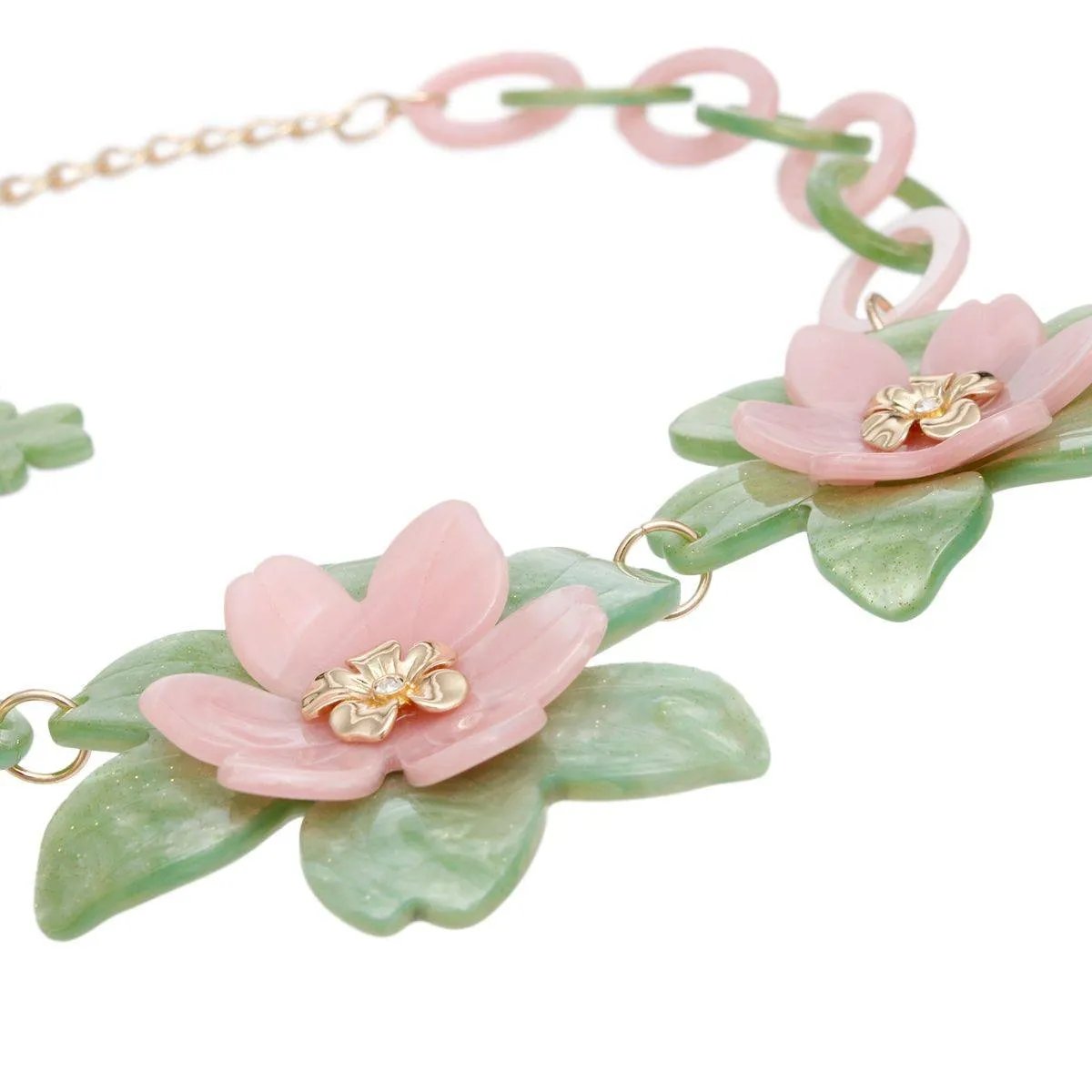 Marbled Pink and Green Acrylic Flower Collar Necklace Set with Matching Drop Earrings