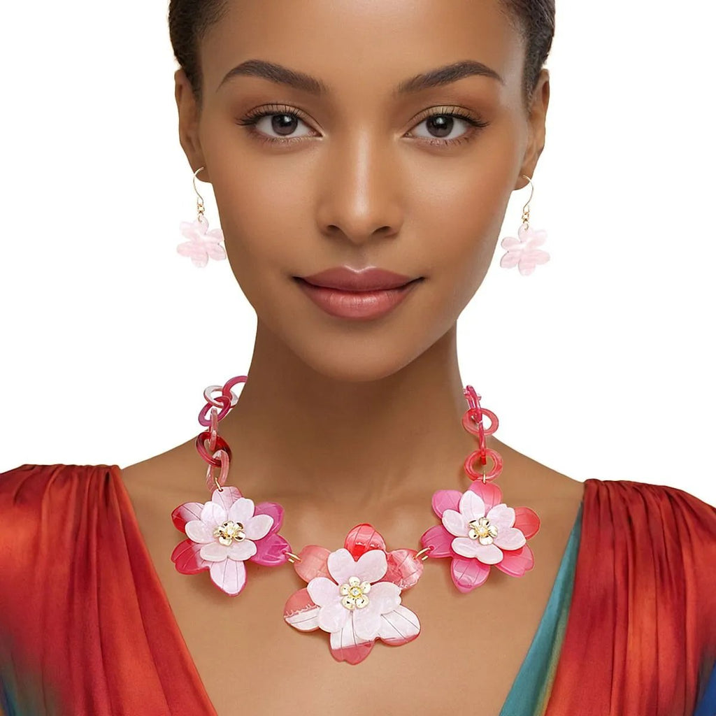 Floral Collar Necklace Pink Acrylic Flowers Dimensional Set | Fashion Jewelry