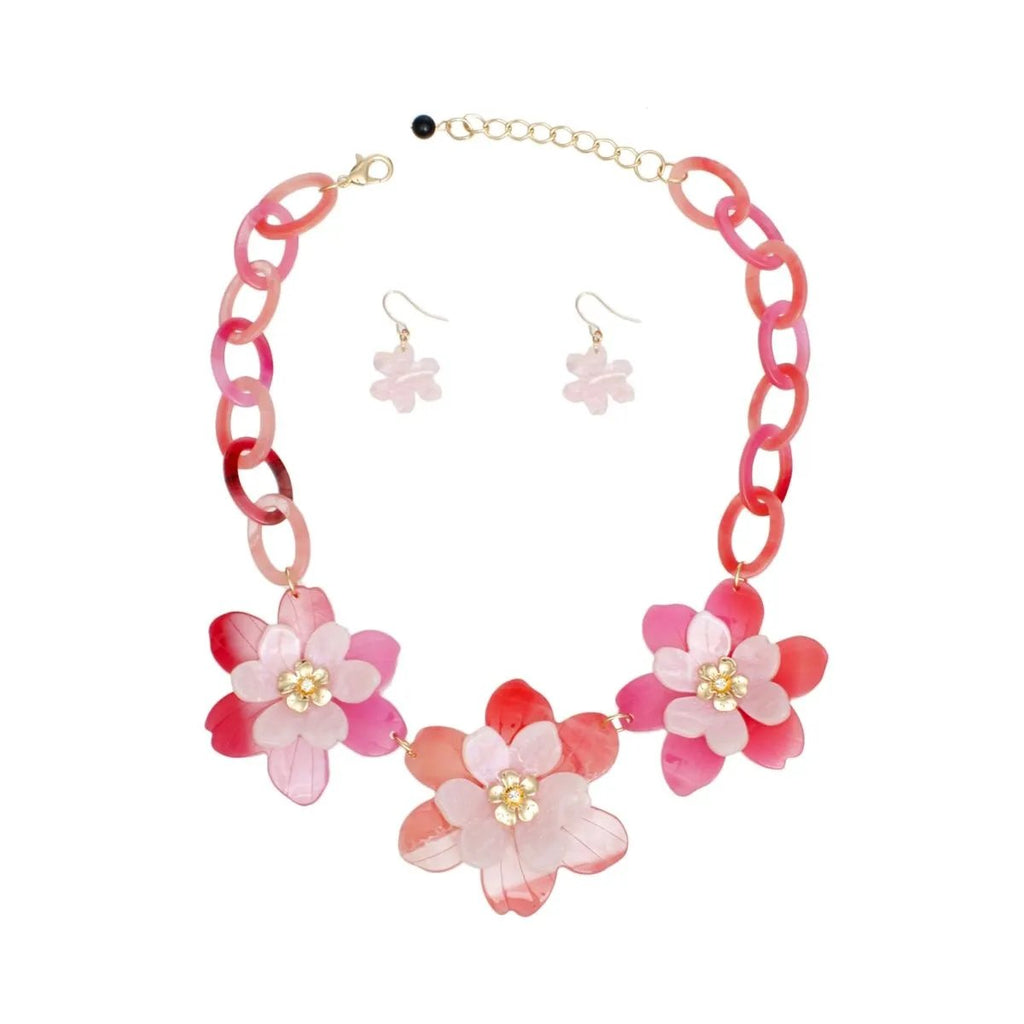 Floral Collar Necklace Pink Acrylic Flowers Dimensional Set | Fashion Jewelry