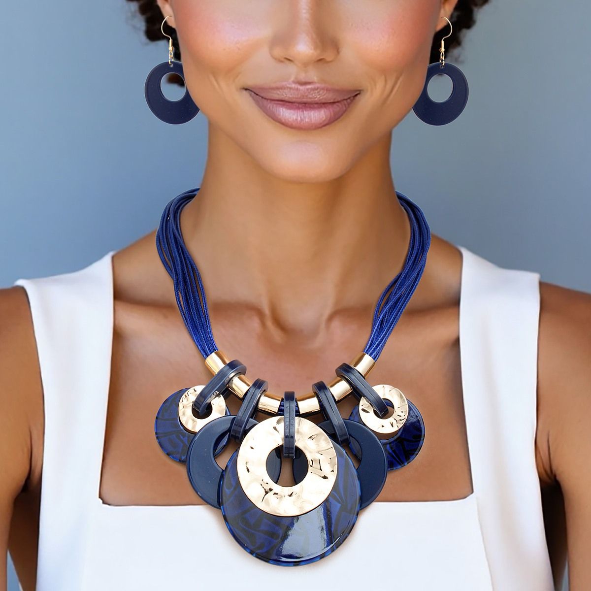 Blue Gold Statement Necklace Set – Multi Strand Acrylic Disc Jewelry
