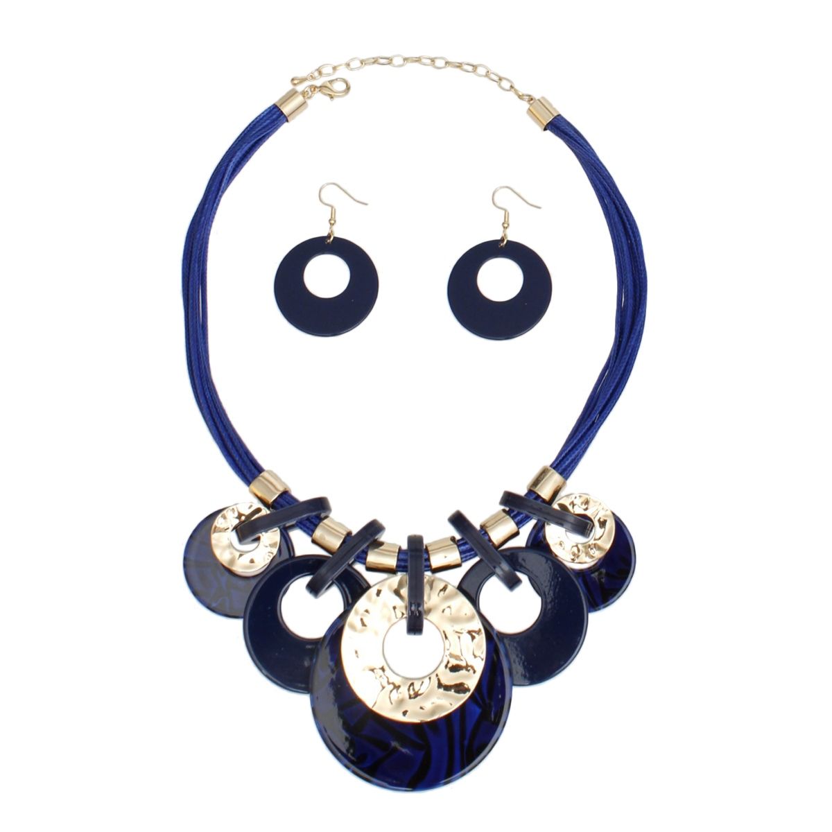 Blue Gold Statement Necklace Set – Multi Strand Acrylic Disc Jewelry