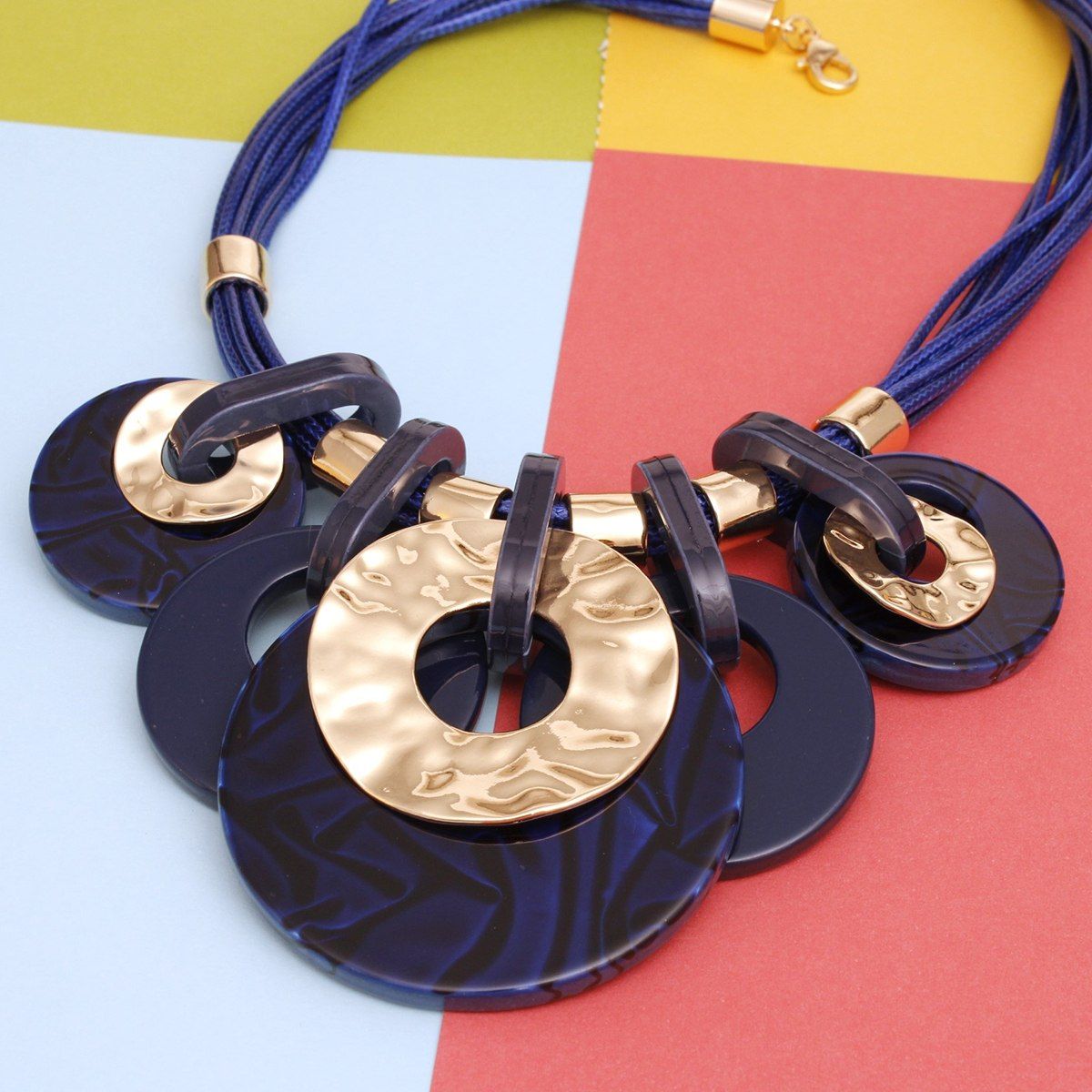 Blue Gold Statement Necklace Set – Multi Strand Acrylic Disc Jewelry