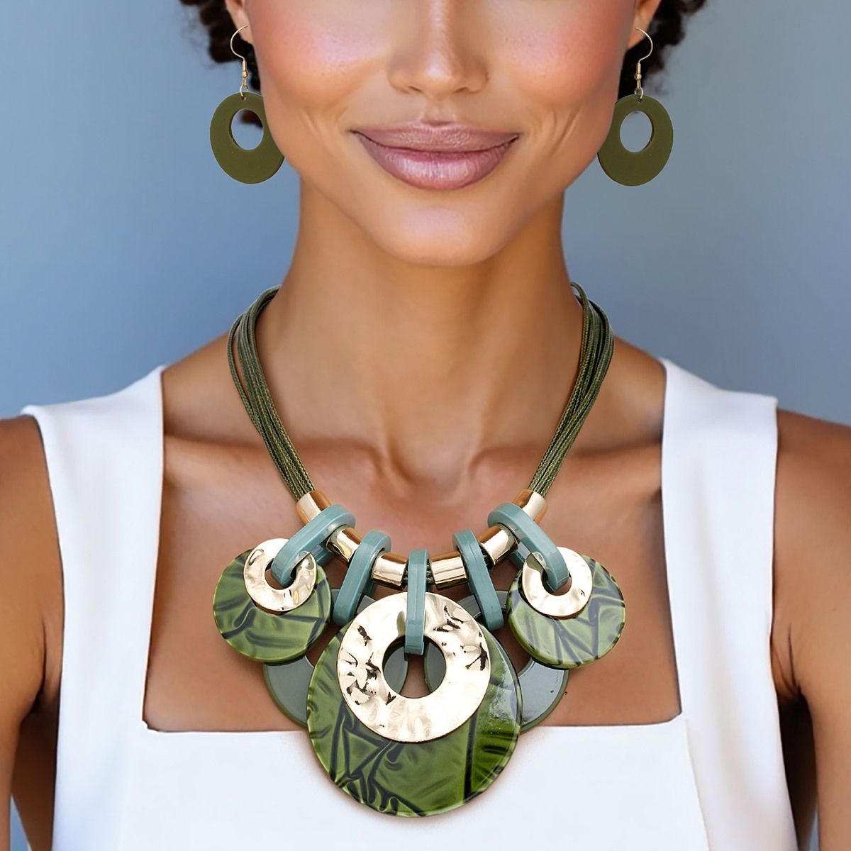 Olive Green Necklace Set – Marbled Resin Statement Jewelry