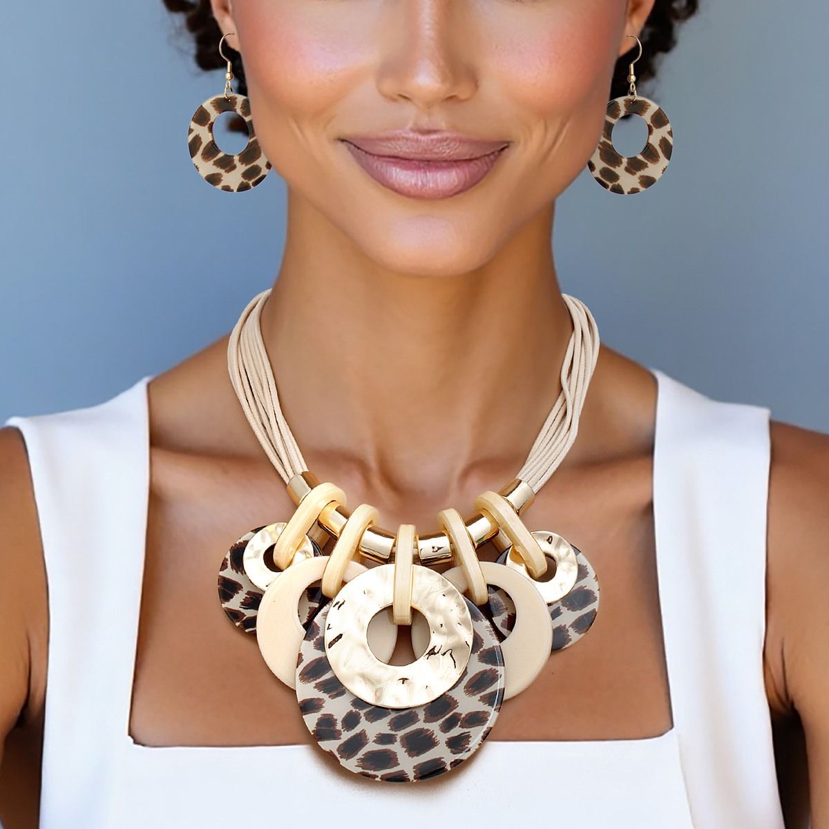 Leopard Print Necklace Set – Ivory Leather Cord Statement Jewelry