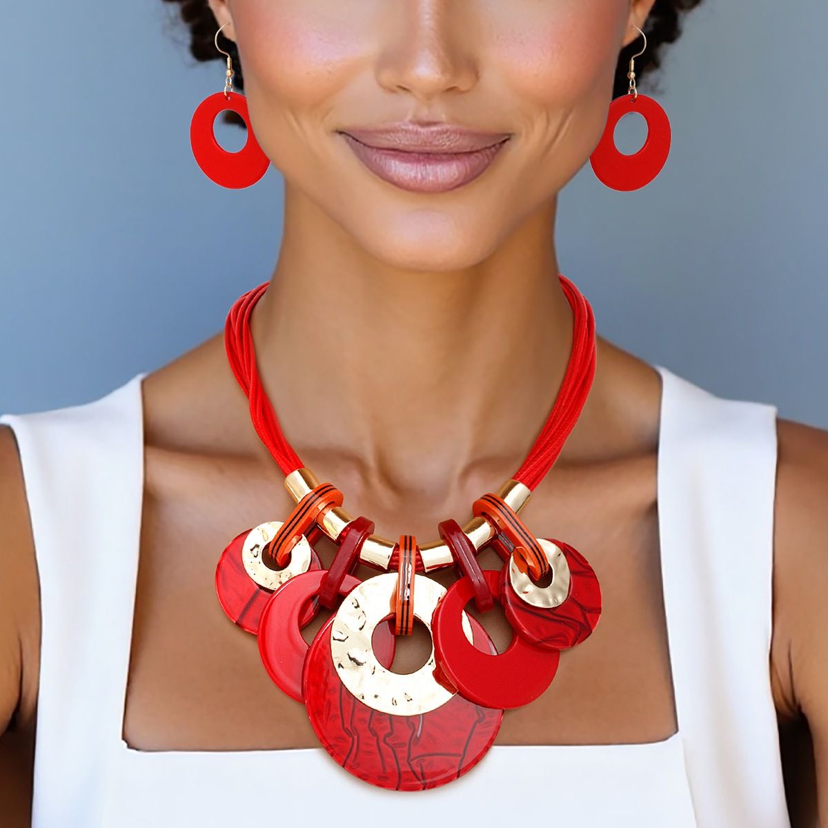 Red Acrylic Disc Necklace Set Multi Strand Statement Jewelry