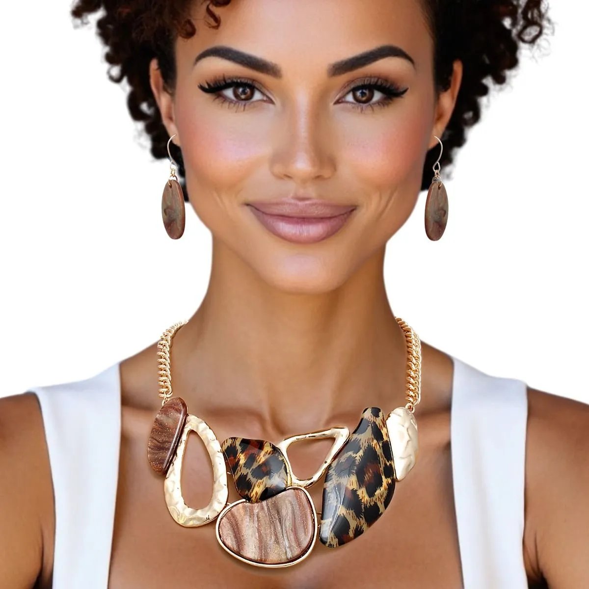 Jewelry Set – Marbled Leopard & Gold Statement Necklace and Earrings
