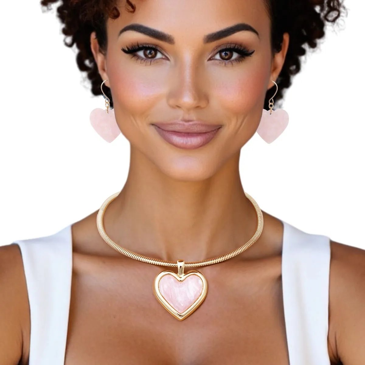 Gold Tone Heart Necklace Set | Marbled Pink Pendant & Earrings
