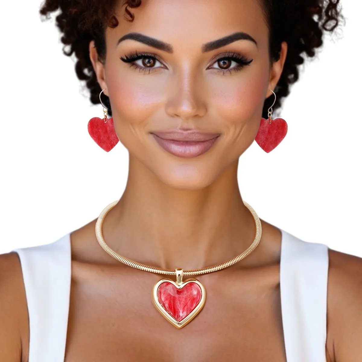 Gold Tone Heart Necklace Set | Marbled Red Pendant & Earrings