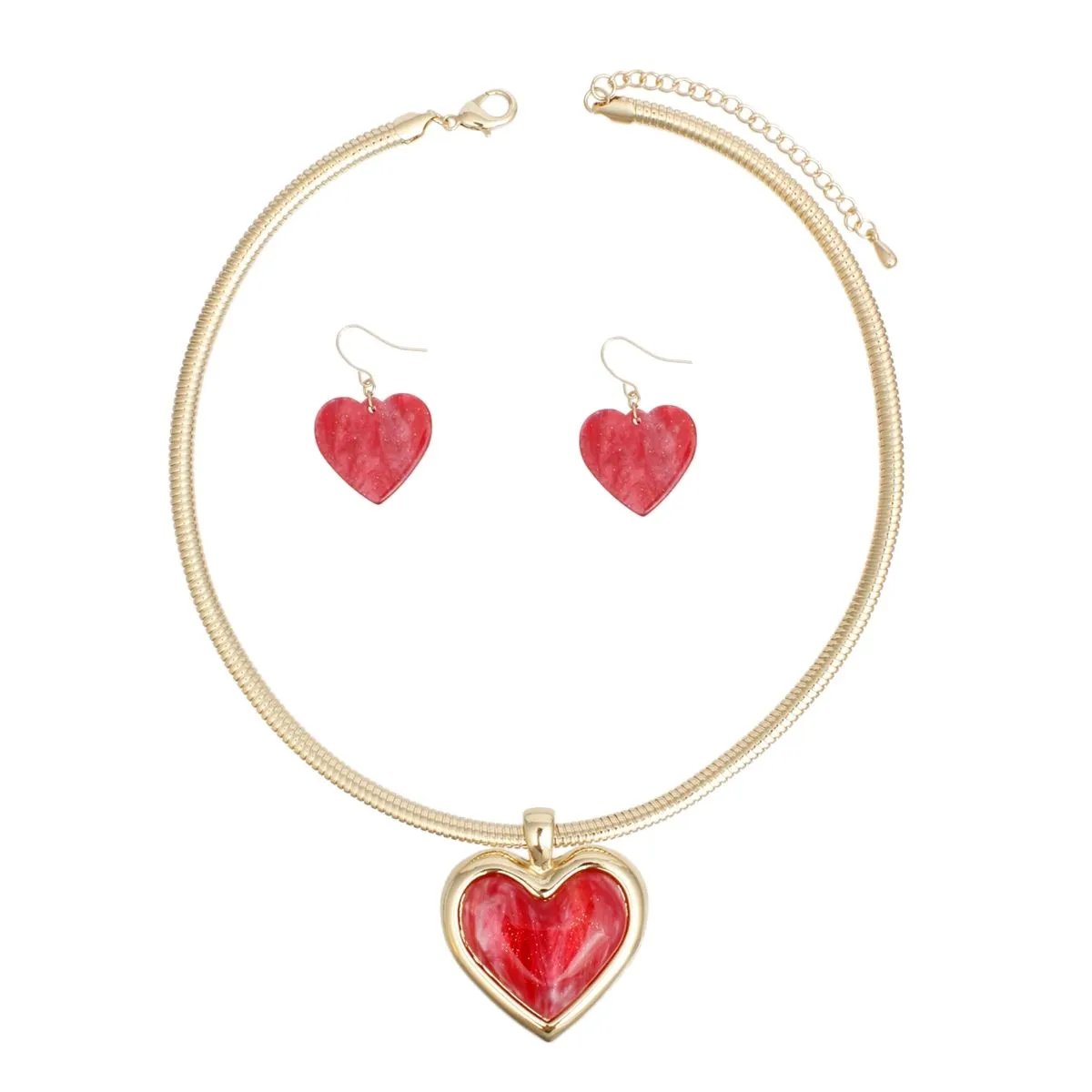 Gold Tone Heart Necklace Set | Marbled Red Pendant & Earrings