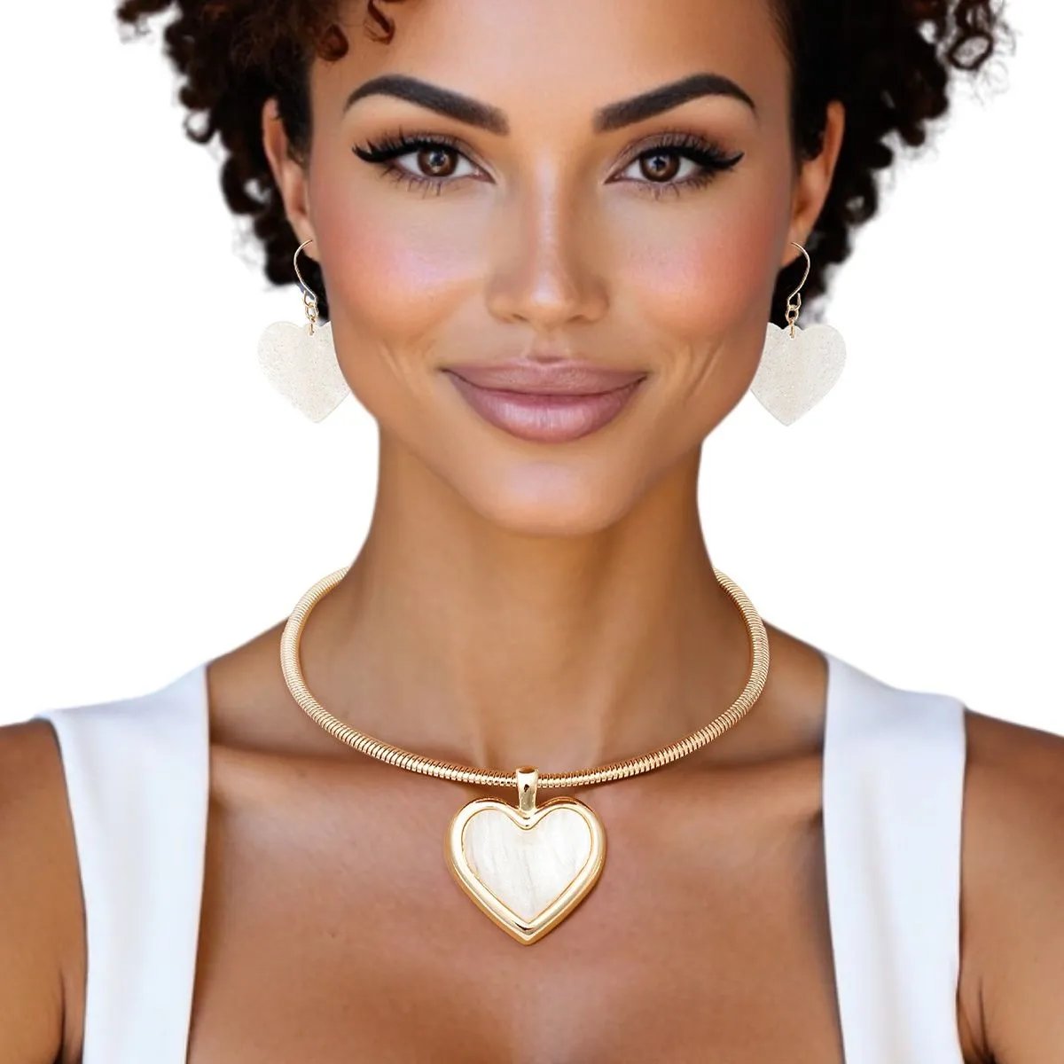 Gold Tone Heart Necklace Set | Marbled White Pendant & Earrings