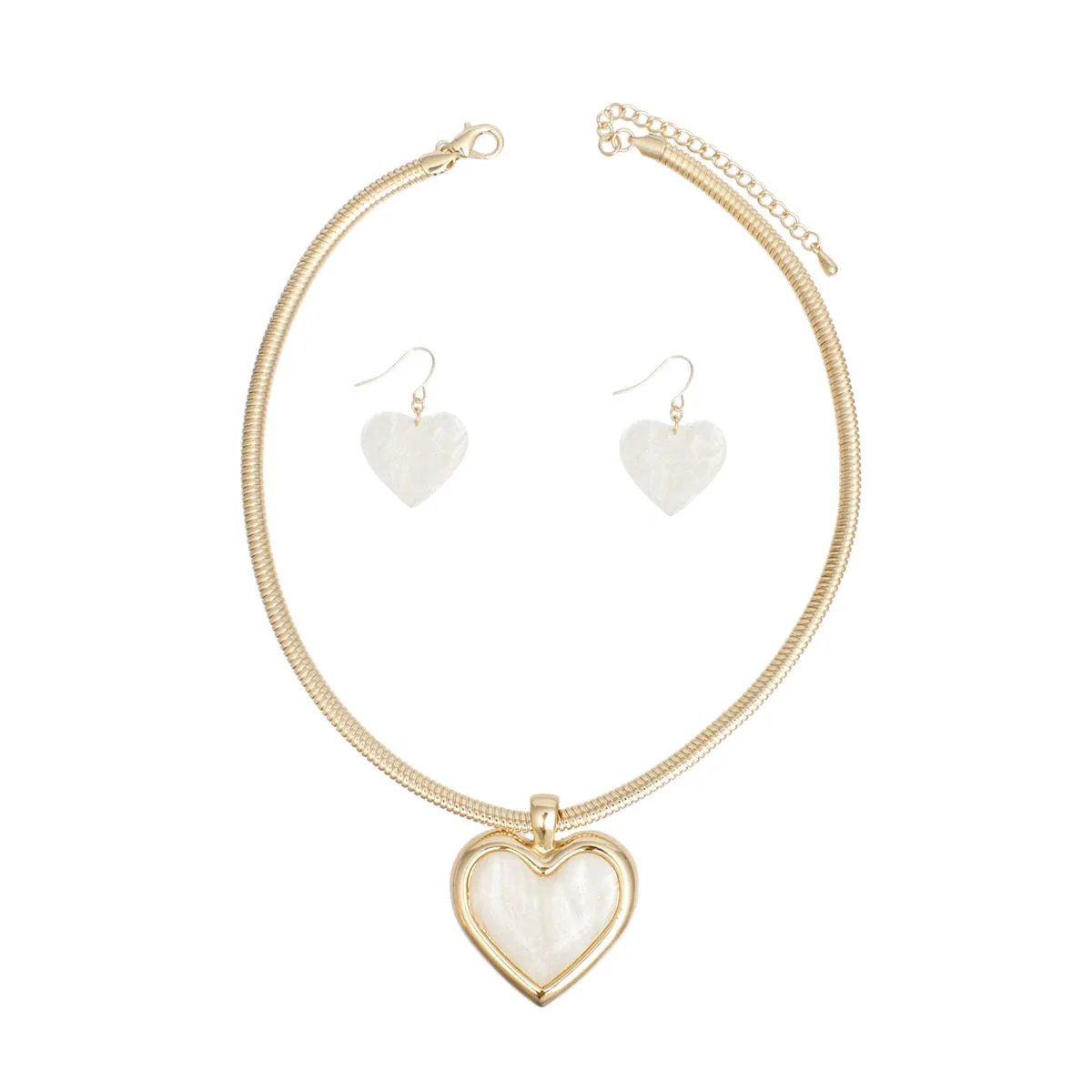 Gold Tone Heart Necklace Set | Marbled White Pendant & Earrings