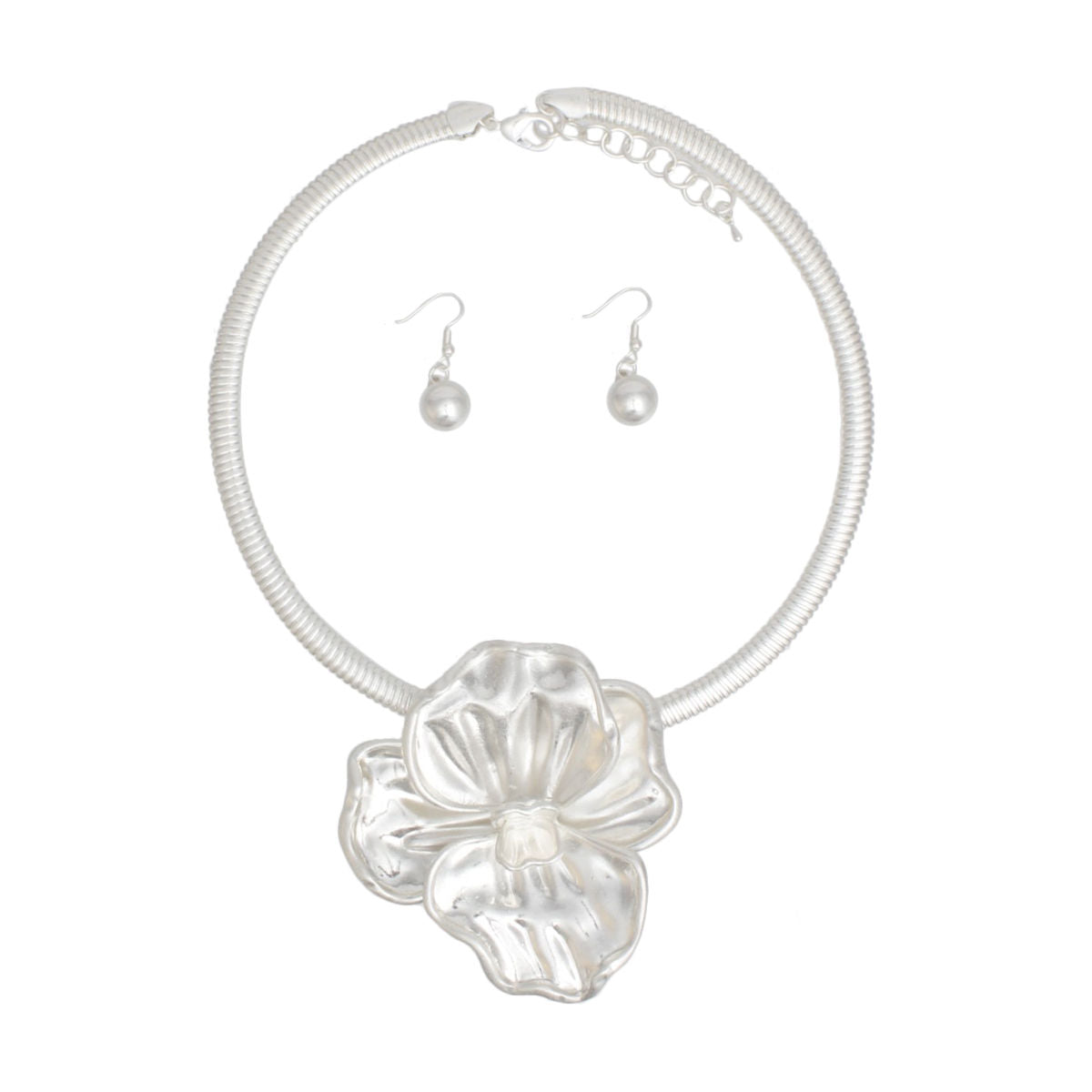 Sculptural Floral Silver Collar Necklace Set with Petal Pendant and Earrings
