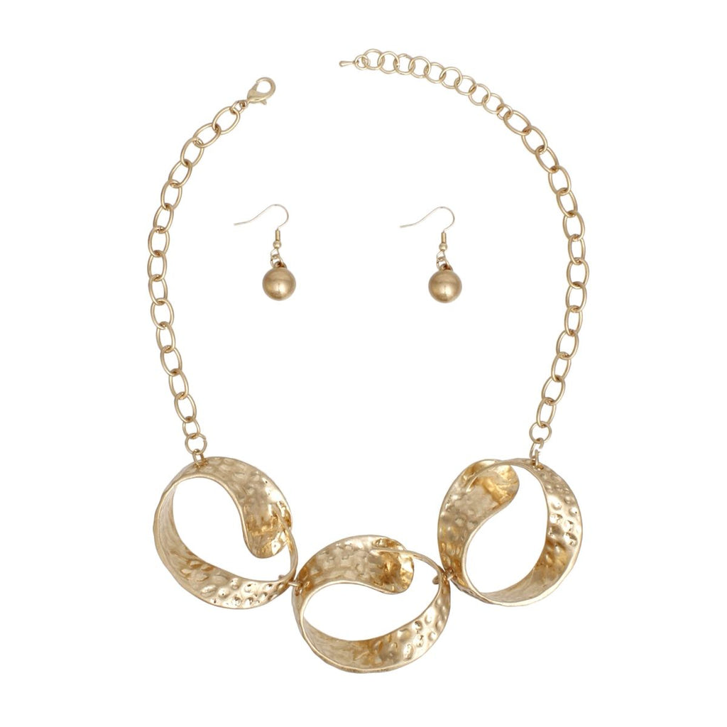 Statement Gold Link Necklace for Women with Chunky Hammered Oval Links and Matching Earrings