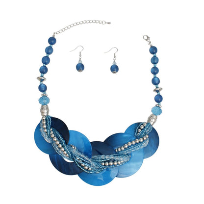 Blue Shell Disc Beaded Necklace Set with Layered Beads and Matching Earrings Pinktown