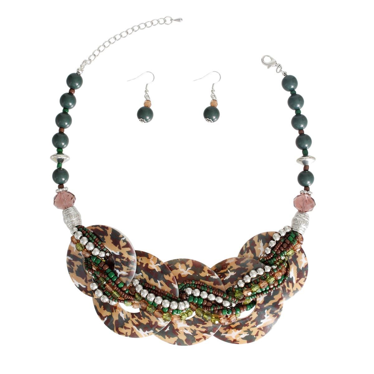 Green Bead Collar Necklace with Camouflage Shell Discs & Matching Earrings