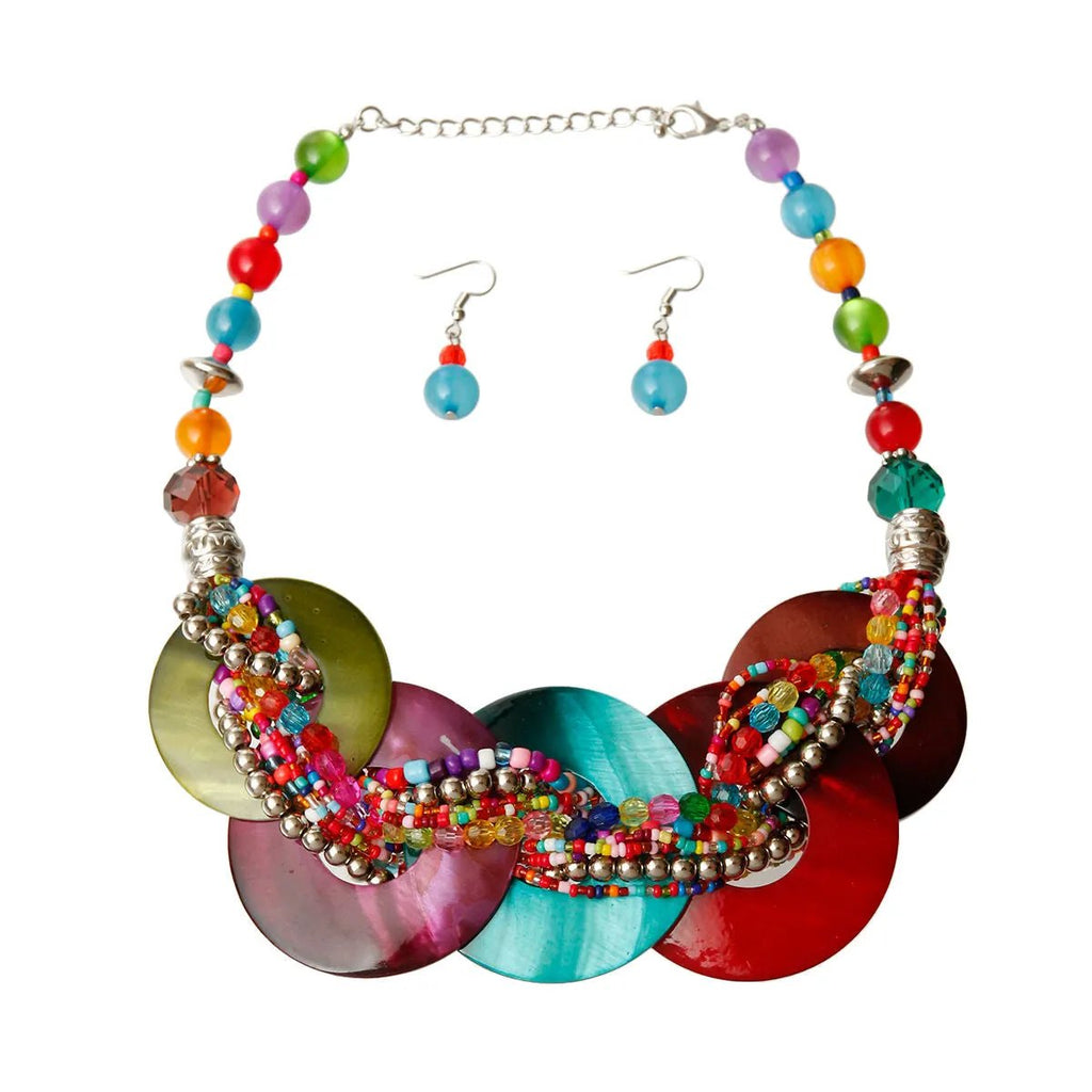 Multicolor Shell Disc Necklace Set – Beaded Collar with Earrings