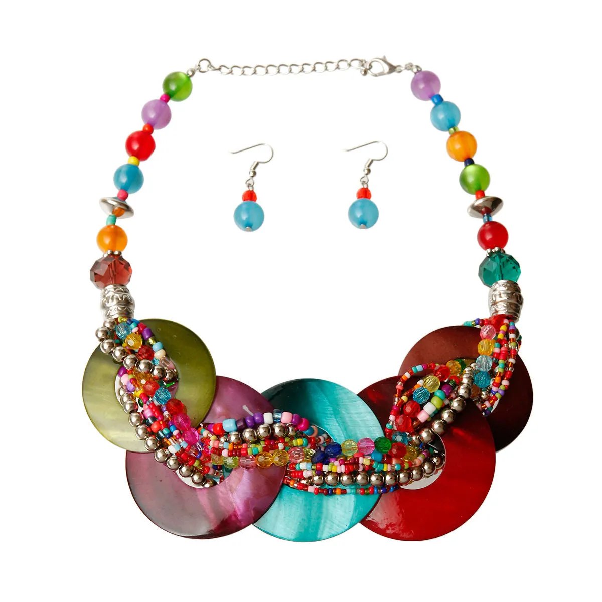 Multicolor Shell Disc Necklace Set – Beaded Collar with Earrings