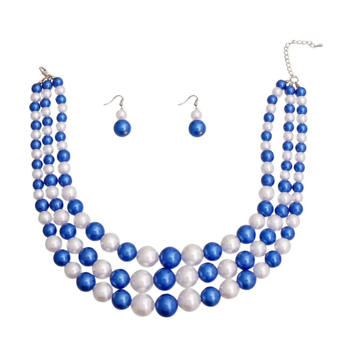 Blue and White Pearl Necklace Set 3 Strand Layered Statement | Fashion Jewelry