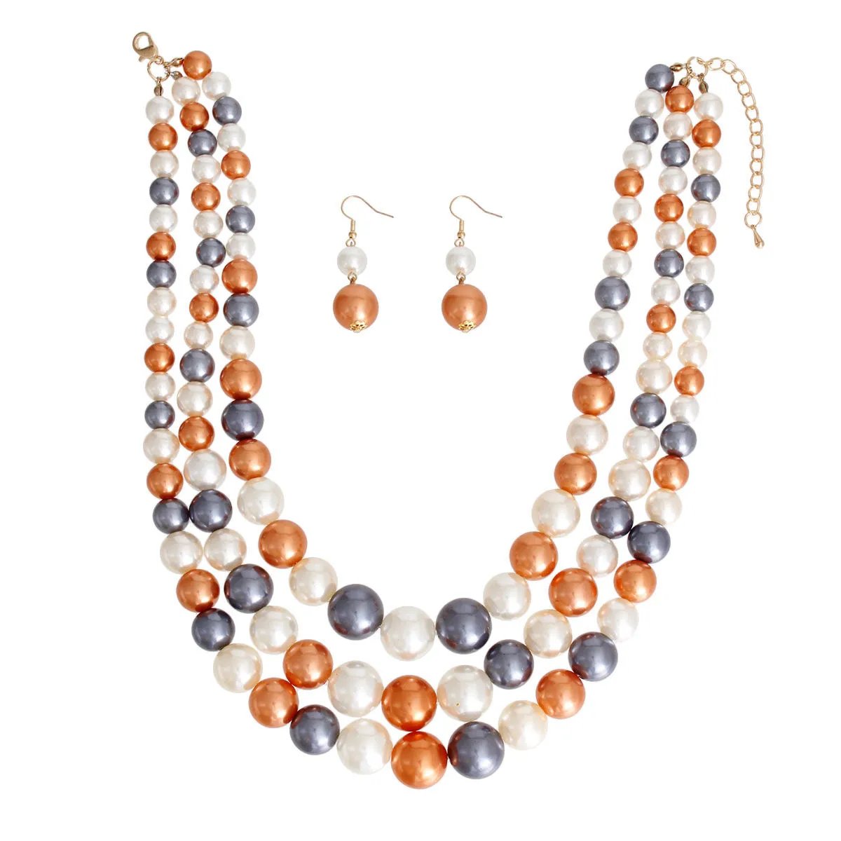 Gold Tone Tricolor Pearl Layered Necklace Set with Matching Drop Earrings - Statement Jewelry Collection