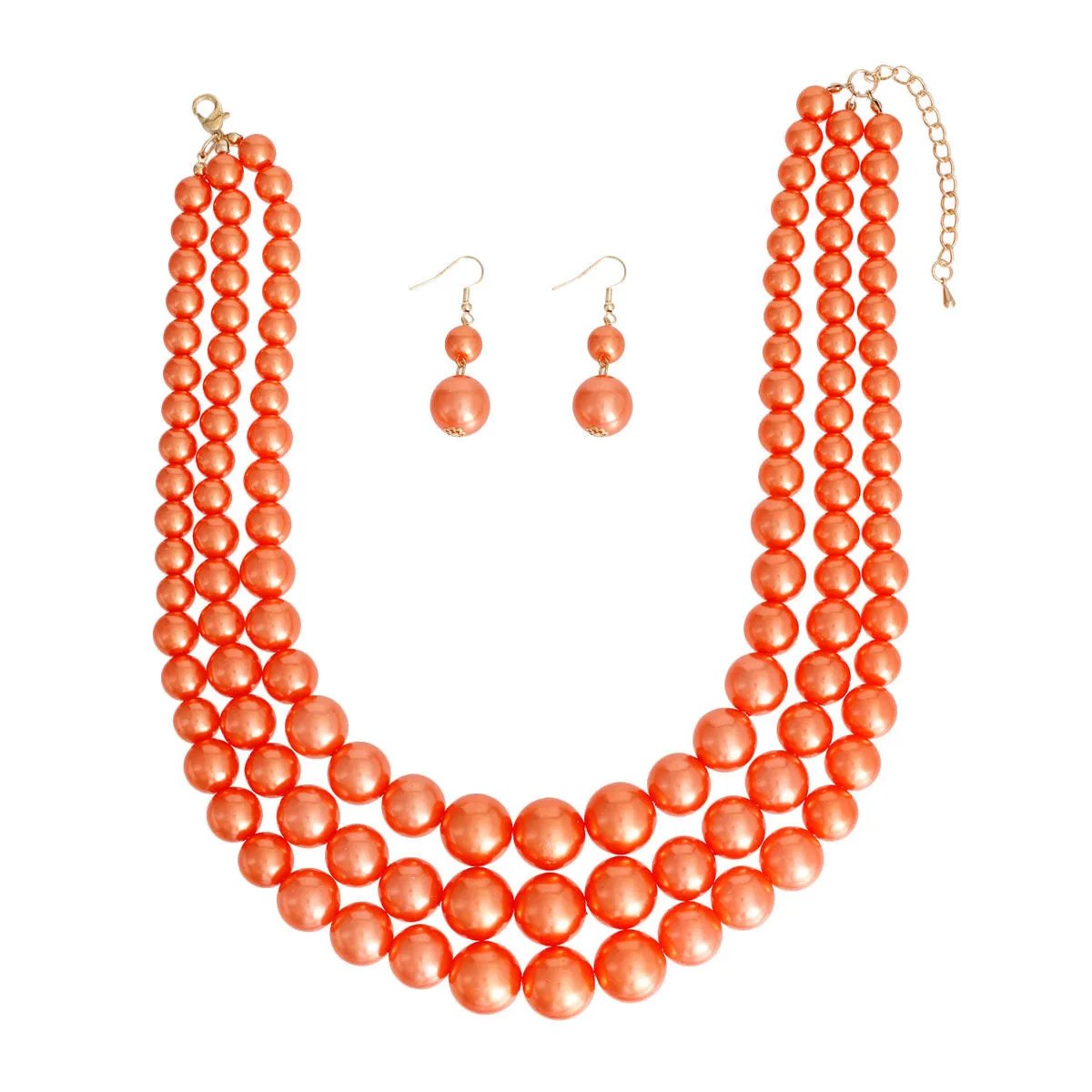 Graduated Orange Pearl 3-Strand Layered Statement Necklace and Earring Set