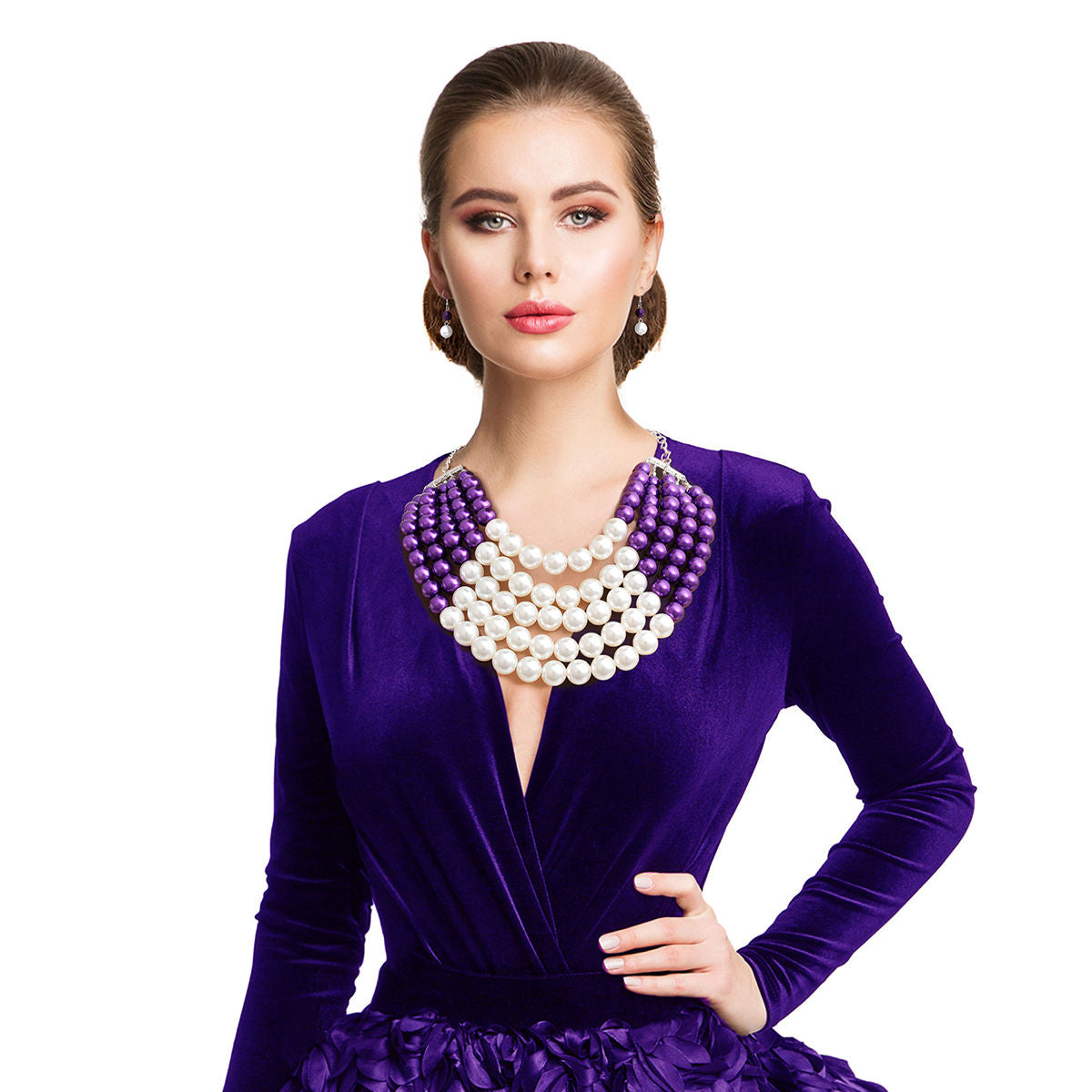 Women's Faux Pearl Purple Cream Necklace Set