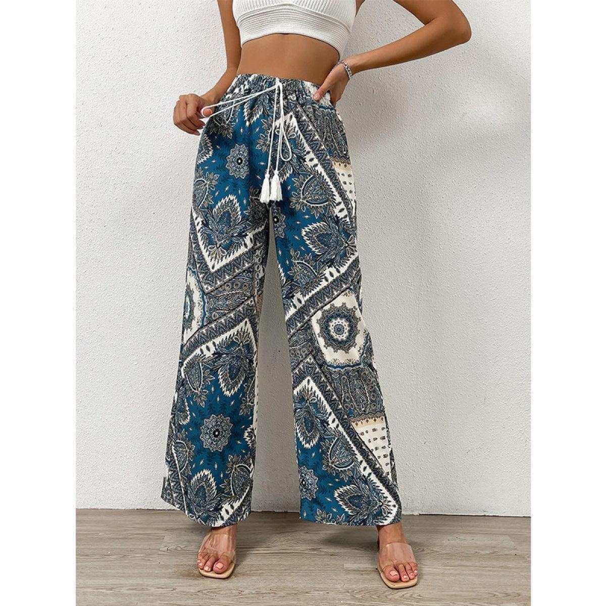 All Over Plants Print Tie Front High Waist Pants