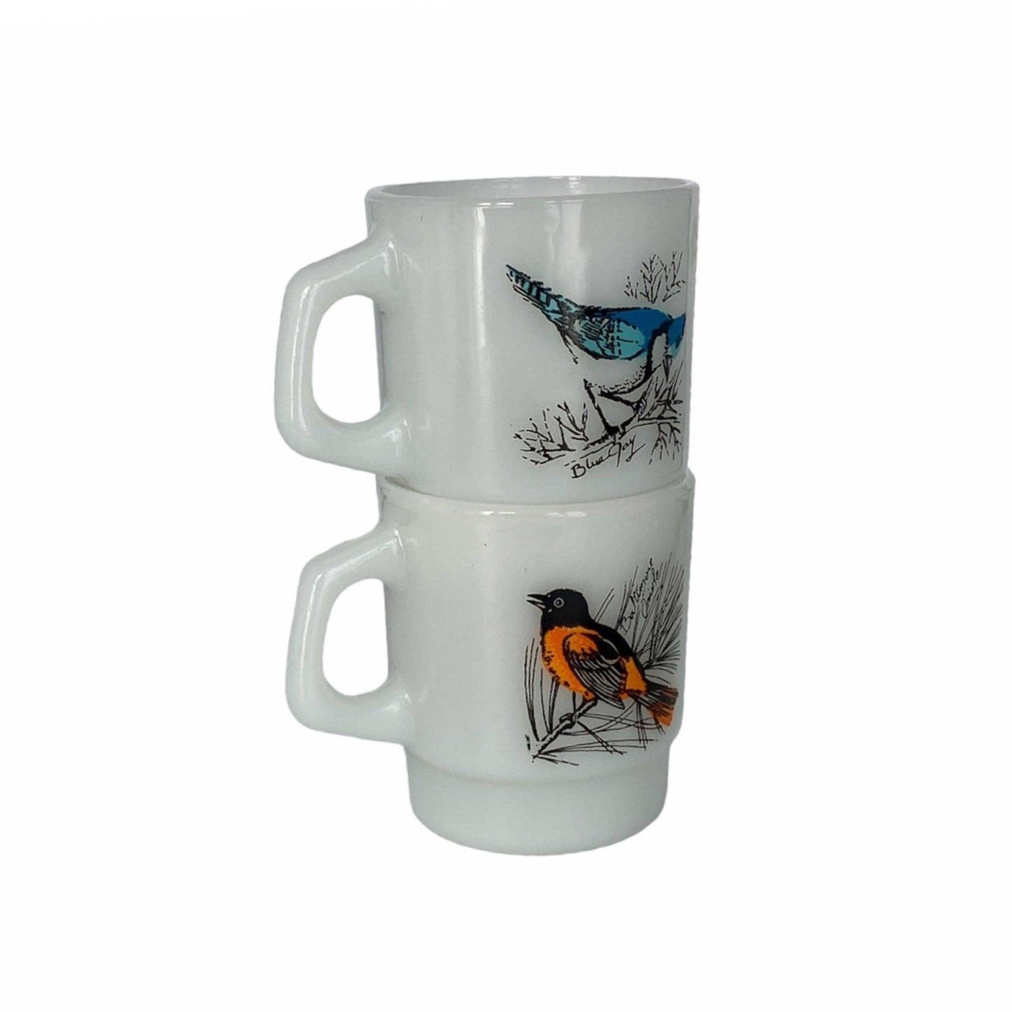 Anchor Hocking Milk Glass Vintage Mugs - Songbirds