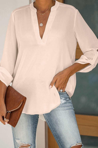 Apricot Split Collar Roll Up Sleeve Blouse