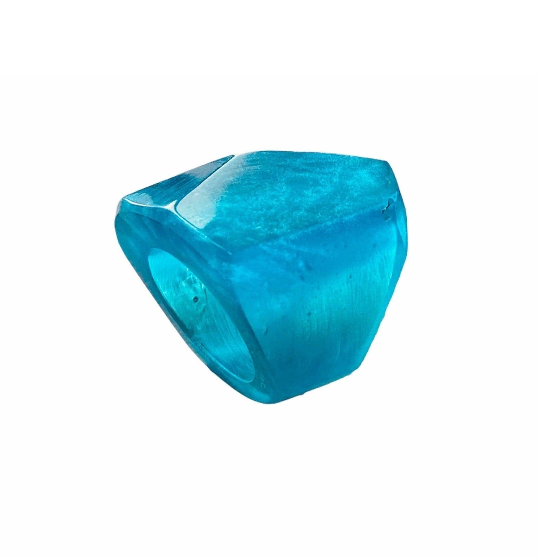 Aqua-blue Resin Square Pyramid Shape Modern Cocktail Ring