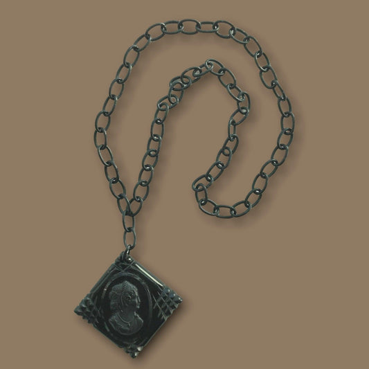 Art Deco black bakelite cameo pendant on celluloid link chain necklace