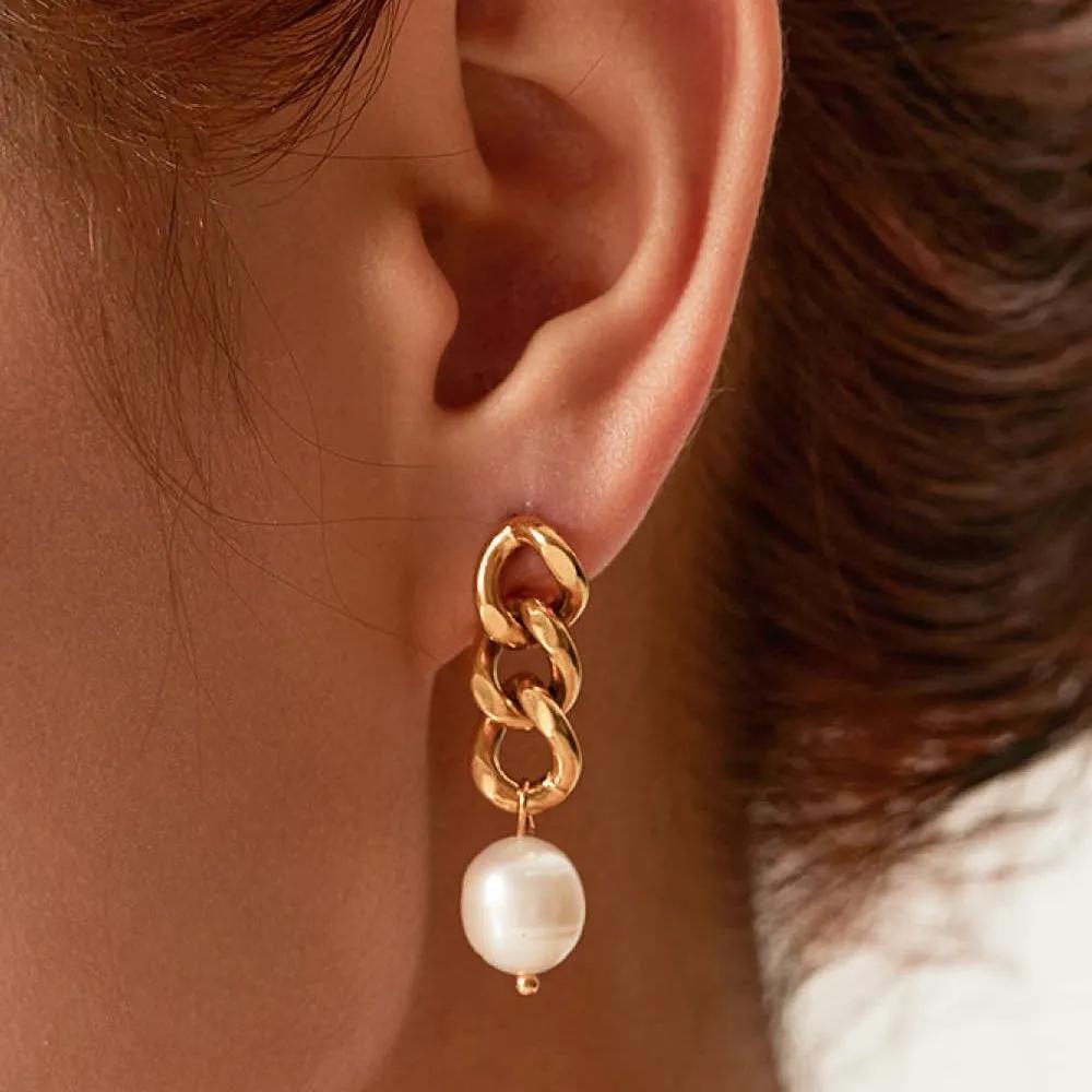 Freshwater Pearl Drop Earrings – 18K Gold-Plated Chain Link Statement Dangle Fashion Jewelry